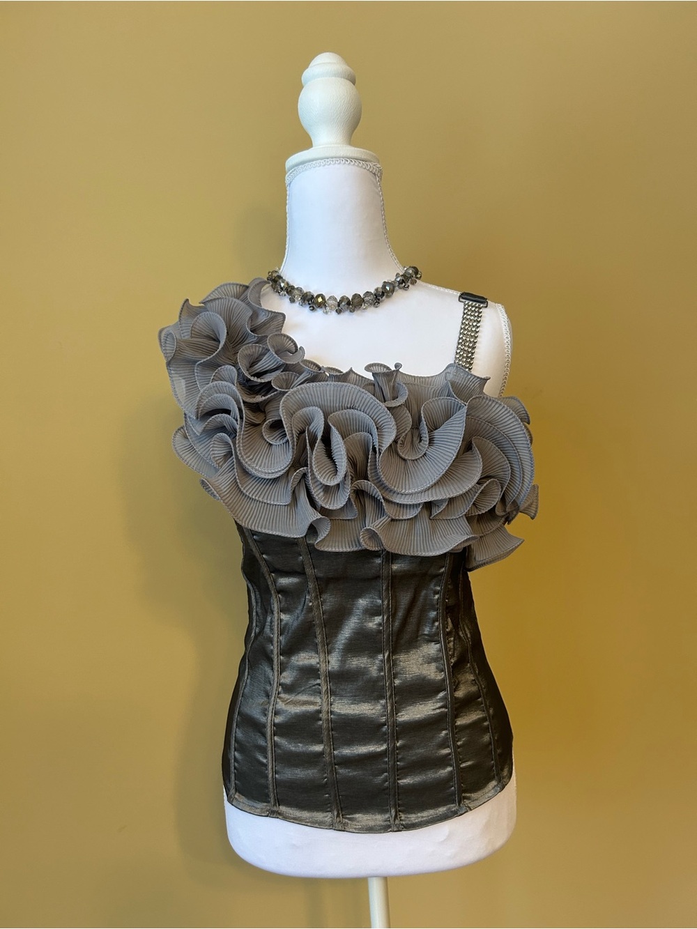One-Shoulder Ruffle Corset Camisole - Gray